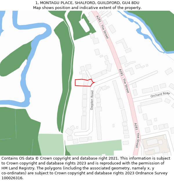 1, MONTAGU PLACE, SHALFORD, GUILDFORD, GU4 8DU: Location map and indicative extent of plot