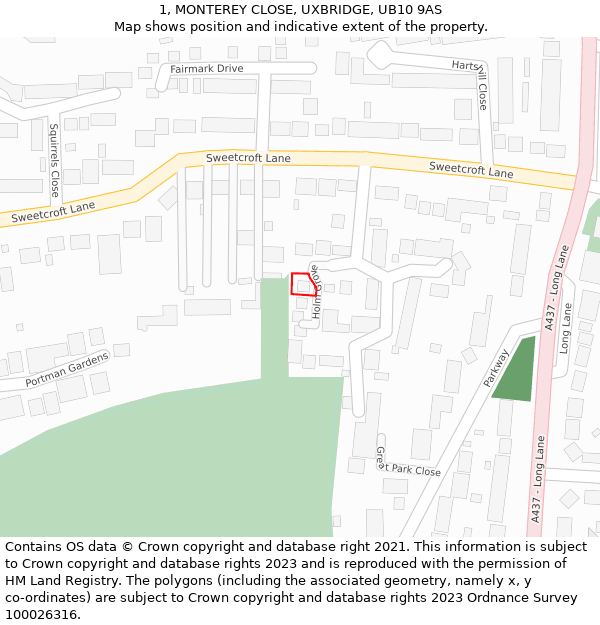 1, MONTEREY CLOSE, UXBRIDGE, UB10 9AS: Location map and indicative extent of plot