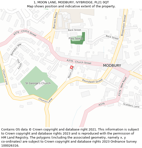 1, MOON LANE, MODBURY, IVYBRIDGE, PL21 0QT: Location map and indicative extent of plot