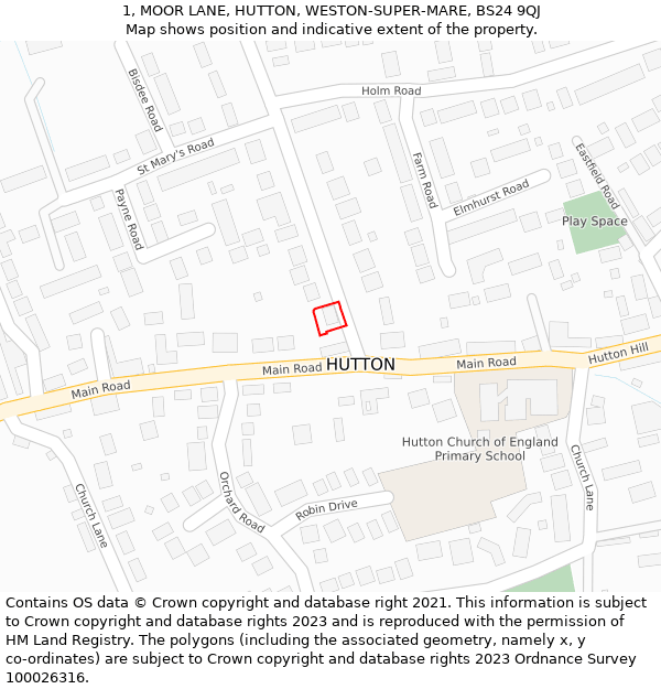 1, MOOR LANE, HUTTON, WESTON-SUPER-MARE, BS24 9QJ: Location map and indicative extent of plot