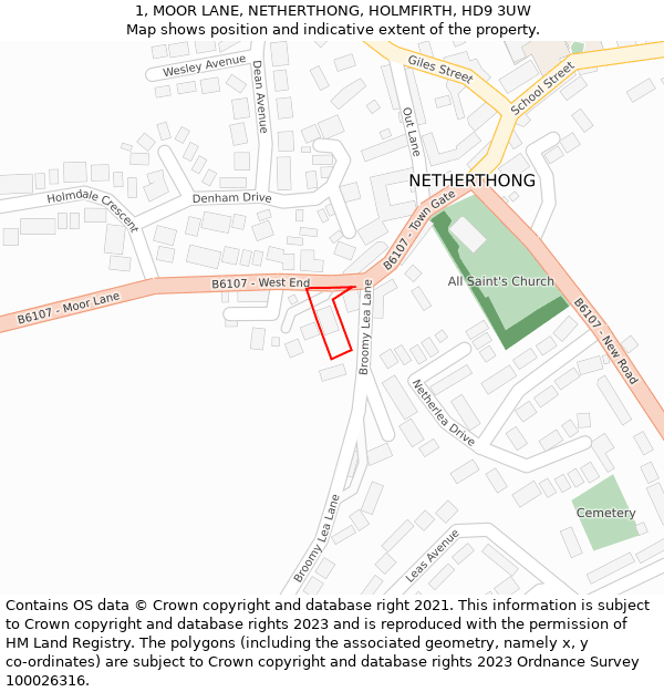 1, MOOR LANE, NETHERTHONG, HOLMFIRTH, HD9 3UW: Location map and indicative extent of plot
