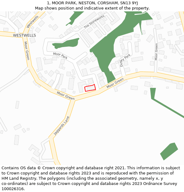 1, MOOR PARK, NESTON, CORSHAM, SN13 9YJ: Location map and indicative extent of plot