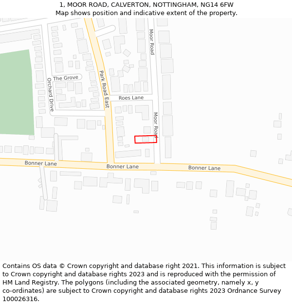 1, MOOR ROAD, CALVERTON, NOTTINGHAM, NG14 6FW: Location map and indicative extent of plot