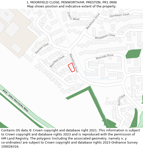 1, MOORFIELD CLOSE, PENWORTHAM, PRESTON, PR1 0NW: Location map and indicative extent of plot