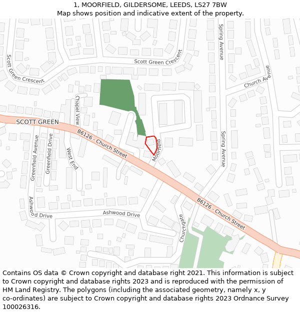 1, MOORFIELD, GILDERSOME, LEEDS, LS27 7BW: Location map and indicative extent of plot