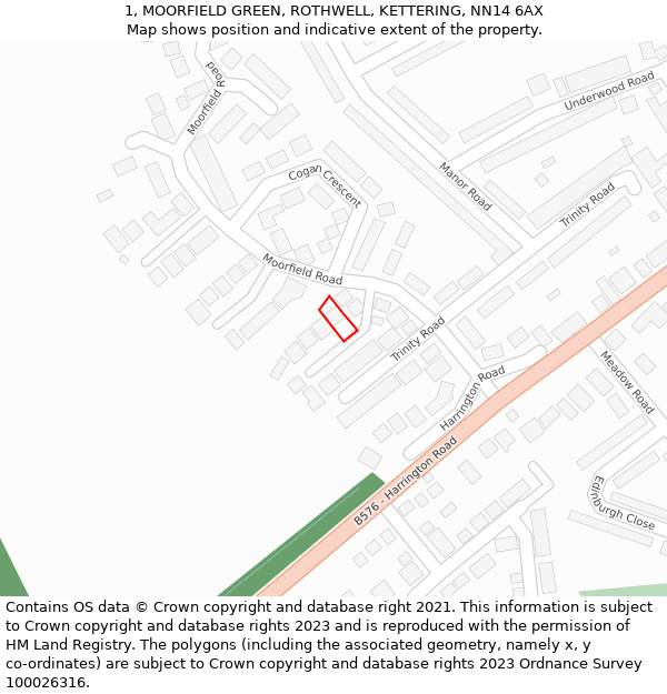 1, MOORFIELD GREEN, ROTHWELL, KETTERING, NN14 6AX: Location map and indicative extent of plot