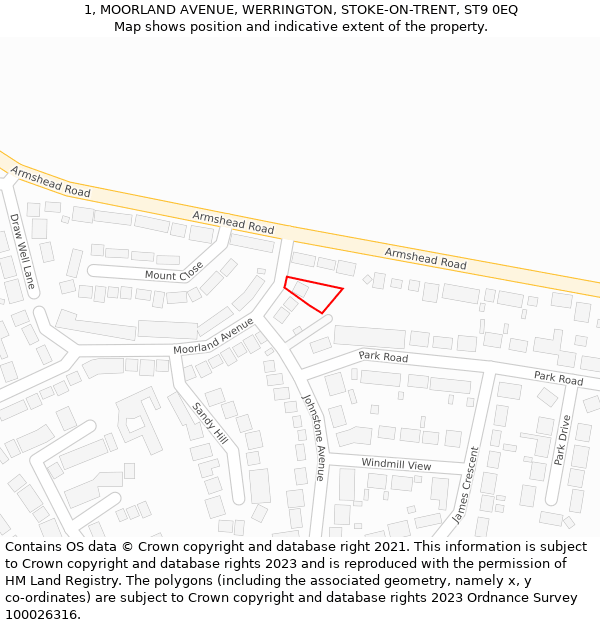 1, MOORLAND AVENUE, WERRINGTON, STOKE-ON-TRENT, ST9 0EQ: Location map and indicative extent of plot