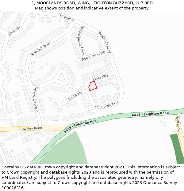 1, MOORLANDS ROAD, WING, LEIGHTON BUZZARD, LU7 0RD: Location map and indicative extent of plot