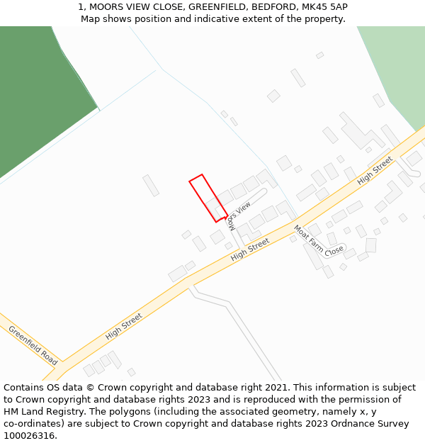 1, MOORS VIEW CLOSE, GREENFIELD, BEDFORD, MK45 5AP: Location map and indicative extent of plot