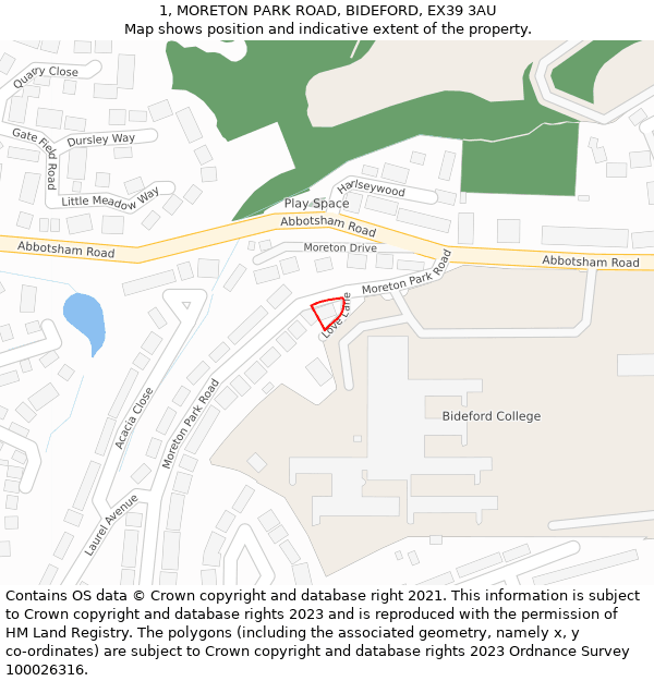 1, MORETON PARK ROAD, BIDEFORD, EX39 3AU: Location map and indicative extent of plot