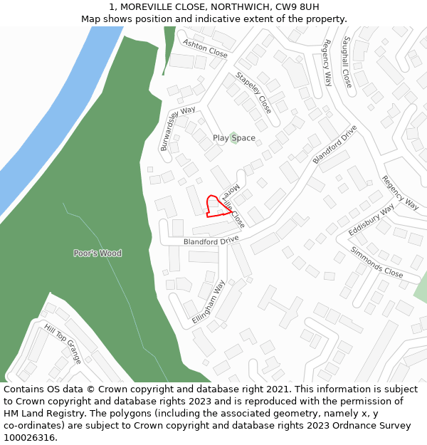 1, MOREVILLE CLOSE, NORTHWICH, CW9 8UH: Location map and indicative extent of plot