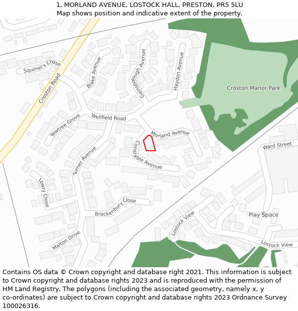 1, MORLAND AVENUE, LOSTOCK HALL, PRESTON, PR5 5LU: Location map and indicative extent of plot