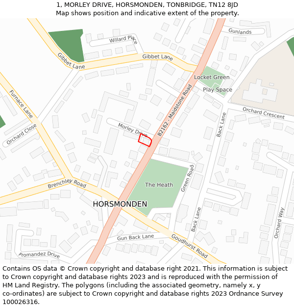 1, MORLEY DRIVE, HORSMONDEN, TONBRIDGE, TN12 8JD: Location map and indicative extent of plot