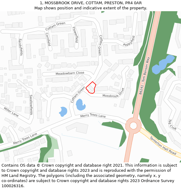 1, MOSSBROOK DRIVE, COTTAM, PRESTON, PR4 0AR: Location map and indicative extent of plot