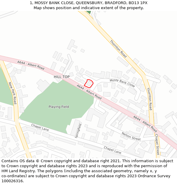 1, MOSSY BANK CLOSE, QUEENSBURY, BRADFORD, BD13 1PX: Location map and indicative extent of plot