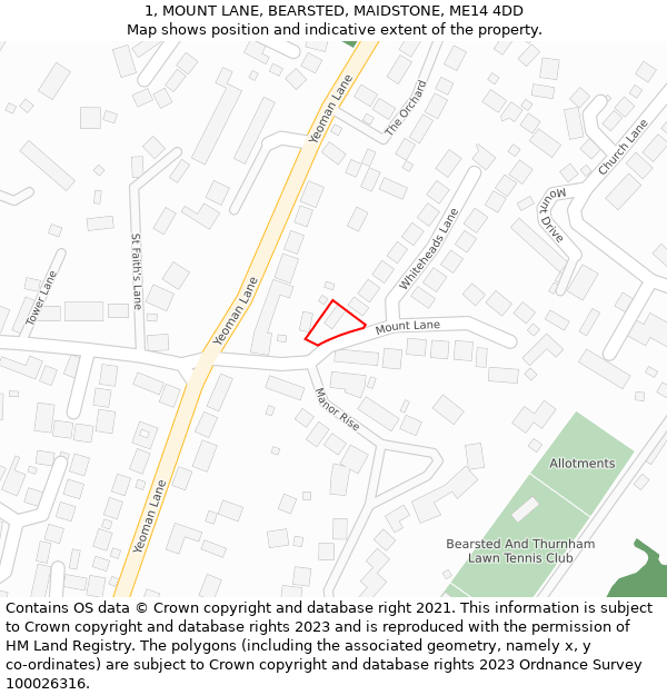 1, MOUNT LANE, BEARSTED, MAIDSTONE, ME14 4DD: Location map and indicative extent of plot