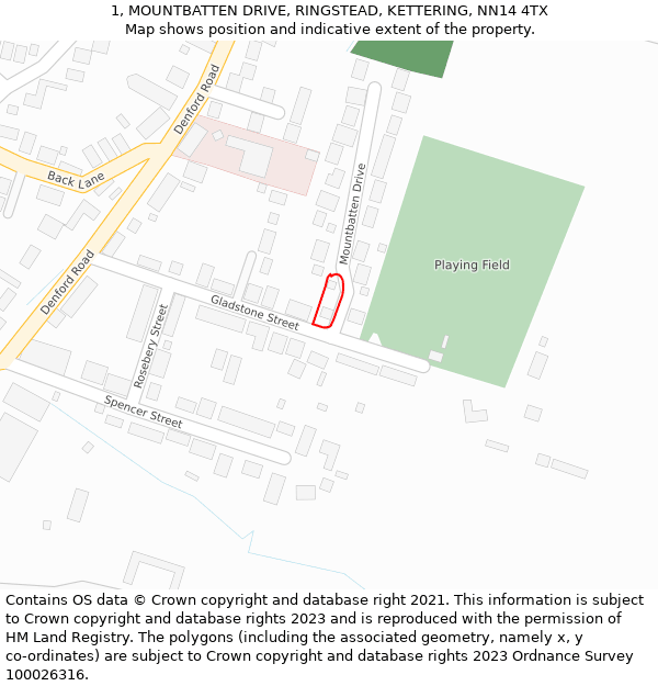 1, MOUNTBATTEN DRIVE, RINGSTEAD, KETTERING, NN14 4TX: Location map and indicative extent of plot