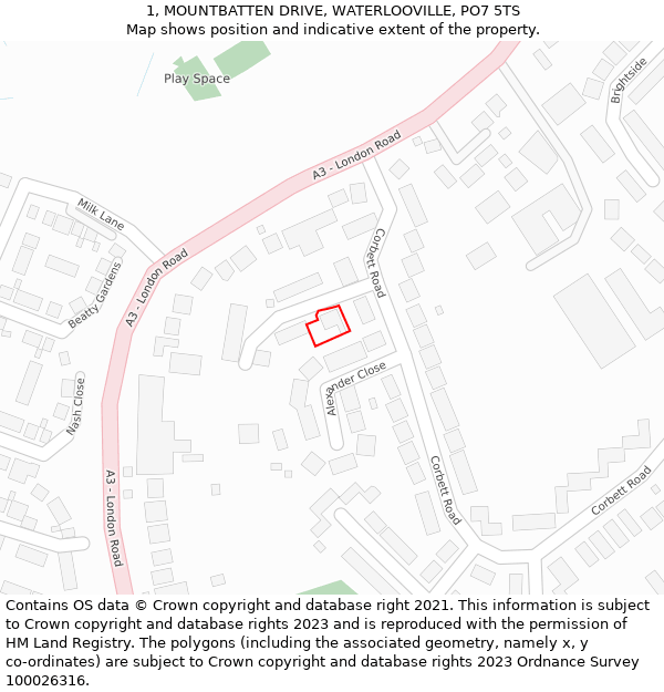 1, MOUNTBATTEN DRIVE, WATERLOOVILLE, PO7 5TS: Location map and indicative extent of plot