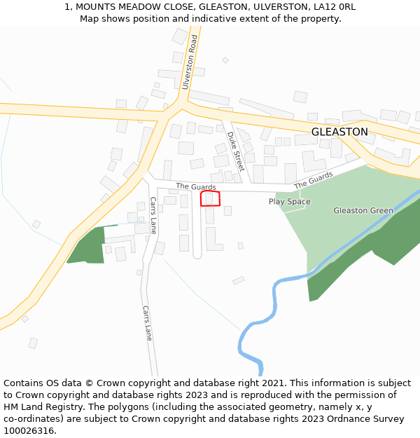 1, MOUNTS MEADOW CLOSE, GLEASTON, ULVERSTON, LA12 0RL: Location map and indicative extent of plot