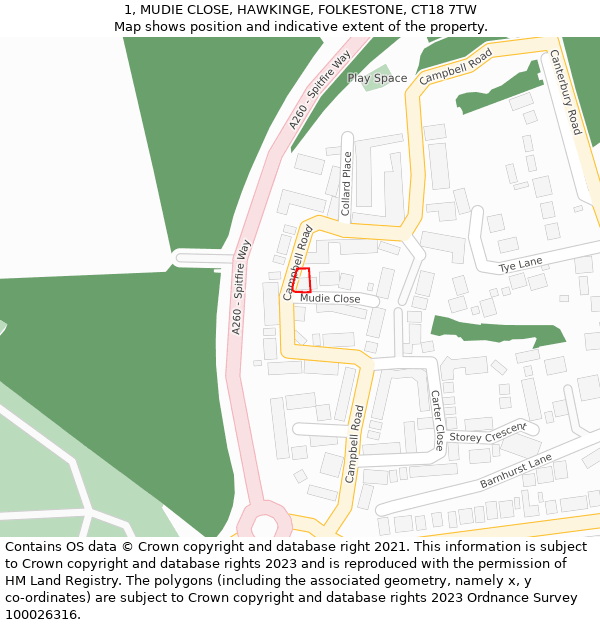 1, MUDIE CLOSE, HAWKINGE, FOLKESTONE, CT18 7TW: Location map and indicative extent of plot