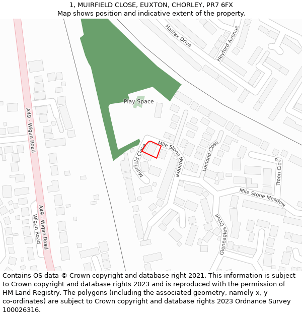 1, MUIRFIELD CLOSE, EUXTON, CHORLEY, PR7 6FX: Location map and indicative extent of plot