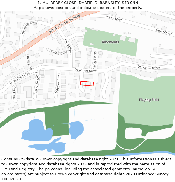 1, MULBERRY CLOSE, DARFIELD, BARNSLEY, S73 9NN: Location map and indicative extent of plot