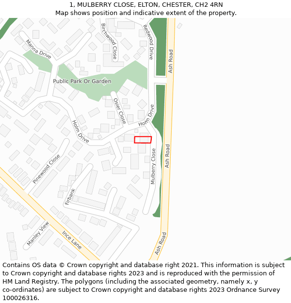 1, MULBERRY CLOSE, ELTON, CHESTER, CH2 4RN: Location map and indicative extent of plot