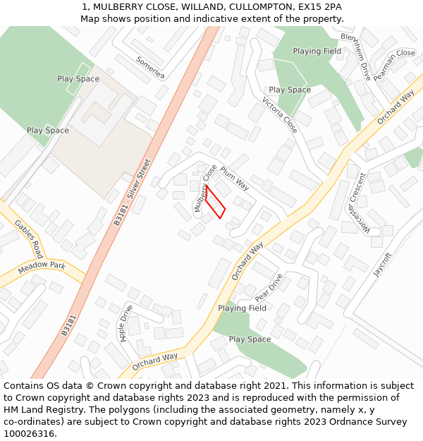 1, MULBERRY CLOSE, WILLAND, CULLOMPTON, EX15 2PA: Location map and indicative extent of plot