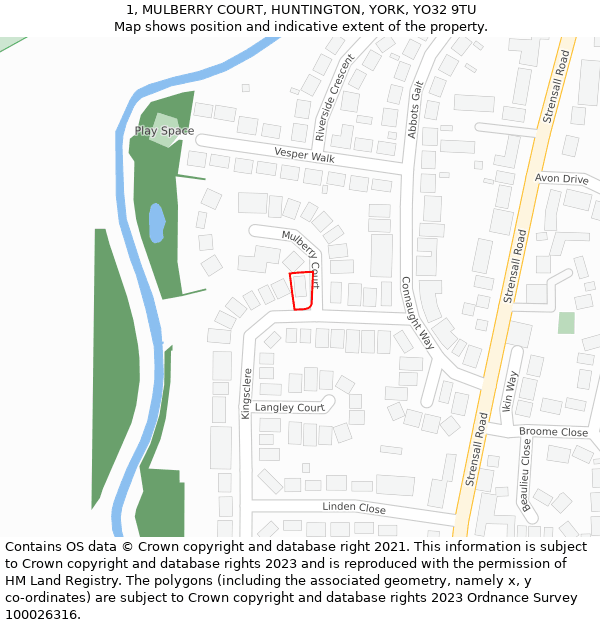 1, MULBERRY COURT, HUNTINGTON, YORK, YO32 9TU: Location map and indicative extent of plot