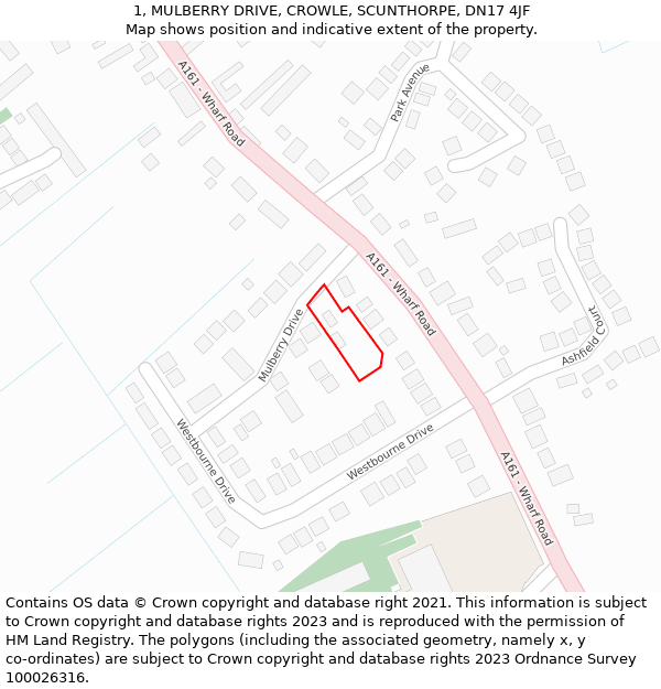 1, MULBERRY DRIVE, CROWLE, SCUNTHORPE, DN17 4JF: Location map and indicative extent of plot