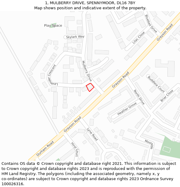 1, MULBERRY DRIVE, SPENNYMOOR, DL16 7BY: Location map and indicative extent of plot