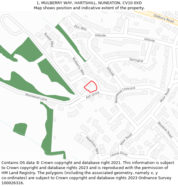 1, MULBERRY WAY, HARTSHILL, NUNEATON, CV10 0XD: Location map and indicative extent of plot