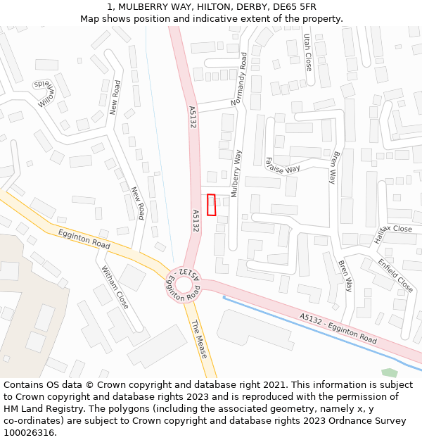 1, MULBERRY WAY, HILTON, DERBY, DE65 5FR: Location map and indicative extent of plot