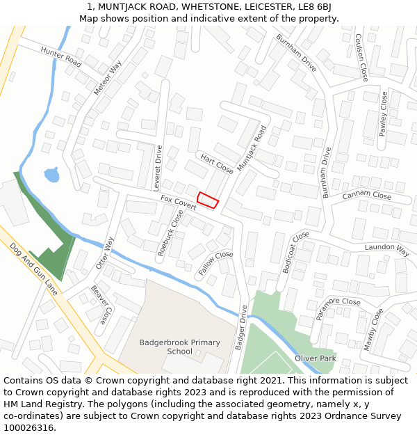 1, MUNTJACK ROAD, WHETSTONE, LEICESTER, LE8 6BJ: Location map and indicative extent of plot