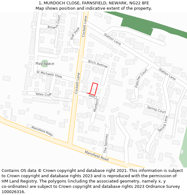 1, MURDOCH CLOSE, FARNSFIELD, NEWARK, NG22 8FE: Location map and indicative extent of plot