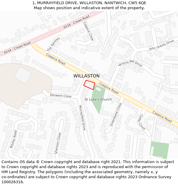 1, MURRAYFIELD DRIVE, WILLASTON, NANTWICH, CW5 6QE: Location map and indicative extent of plot