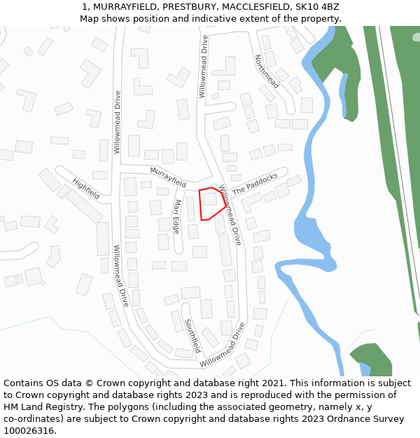 1, MURRAYFIELD, PRESTBURY, MACCLESFIELD, SK10 4BZ: Location map and indicative extent of plot