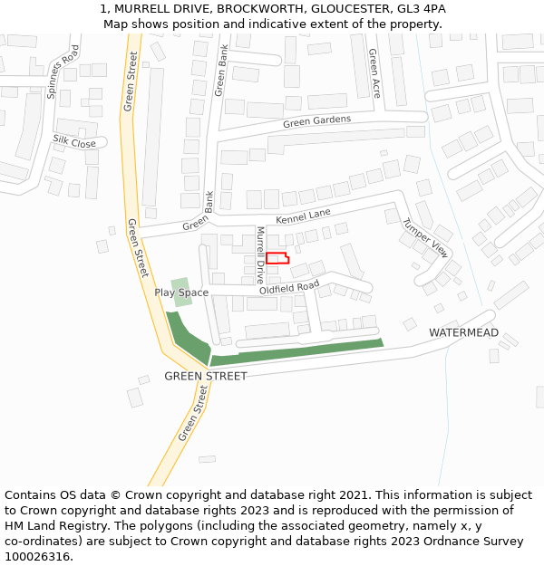 1, MURRELL DRIVE, BROCKWORTH, GLOUCESTER, GL3 4PA: Location map and indicative extent of plot