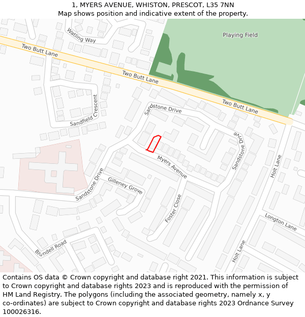 1, MYERS AVENUE, WHISTON, PRESCOT, L35 7NN: Location map and indicative extent of plot