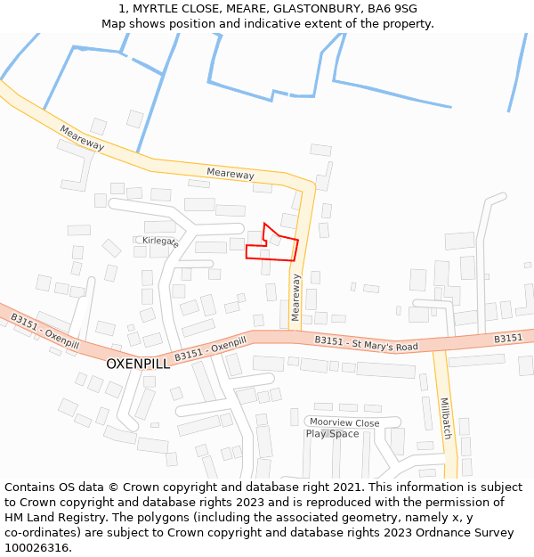 1, MYRTLE CLOSE, MEARE, GLASTONBURY, BA6 9SG: Location map and indicative extent of plot