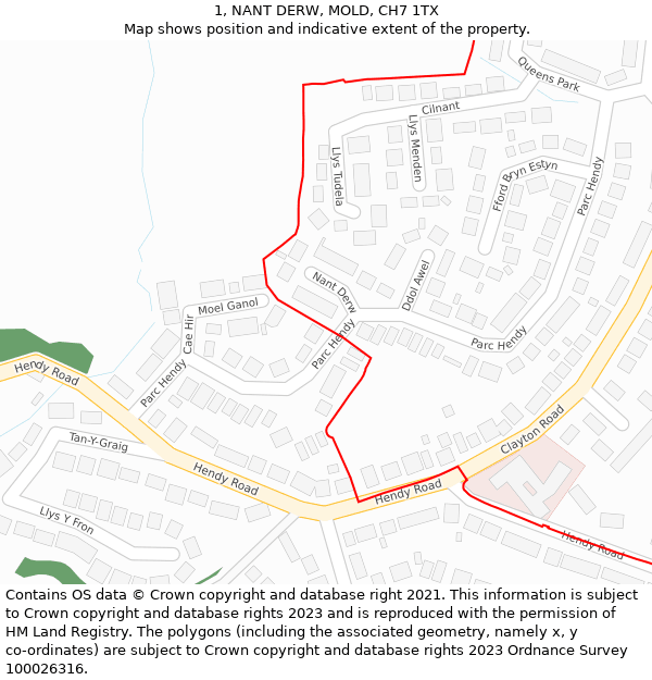 1, NANT DERW, MOLD, CH7 1TX: Location map and indicative extent of plot