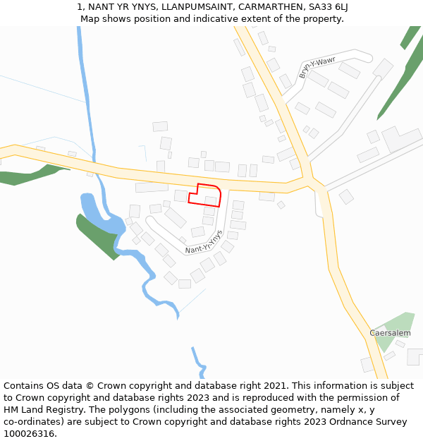 1, NANT YR YNYS, LLANPUMSAINT, CARMARTHEN, SA33 6LJ: Location map and indicative extent of plot