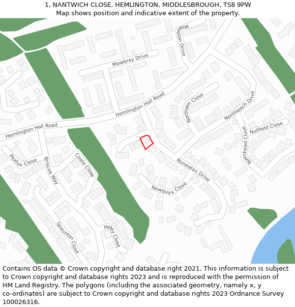 1, NANTWICH CLOSE, HEMLINGTON, MIDDLESBROUGH, TS8 9PW: Location map and indicative extent of plot