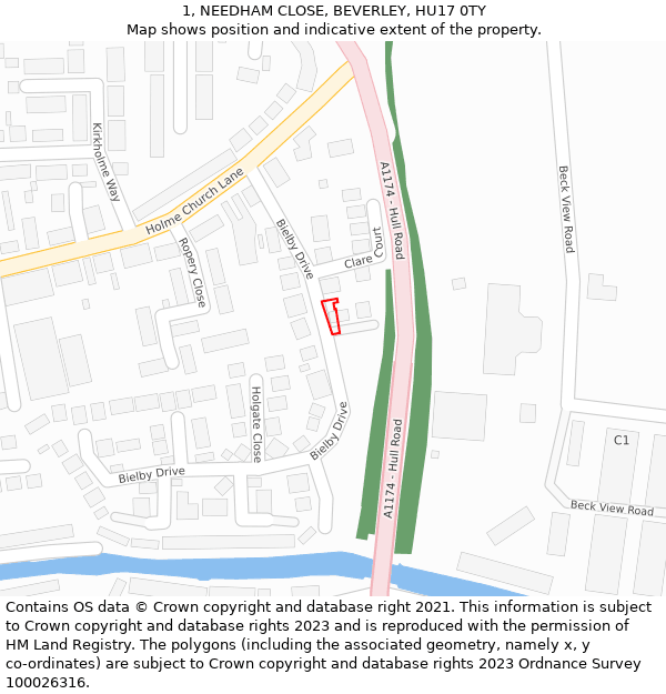 1, NEEDHAM CLOSE, BEVERLEY, HU17 0TY: Location map and indicative extent of plot