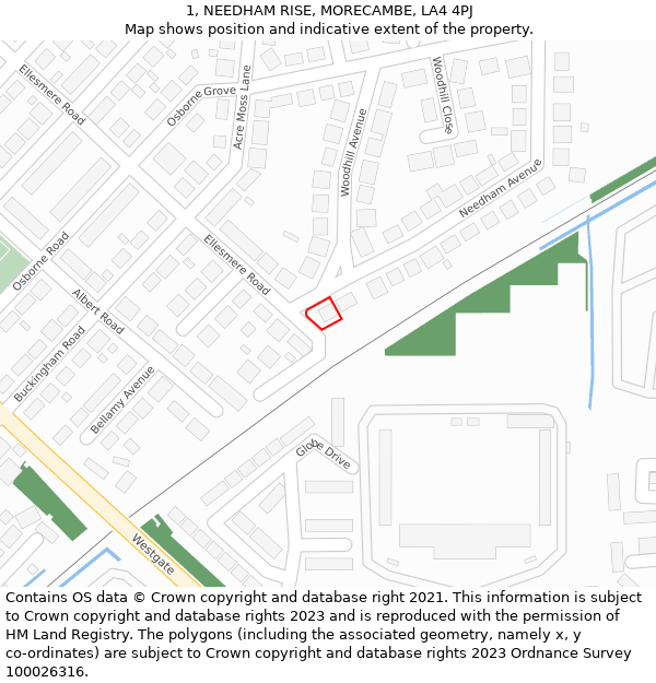 1, NEEDHAM RISE, MORECAMBE, LA4 4PJ: Location map and indicative extent of plot