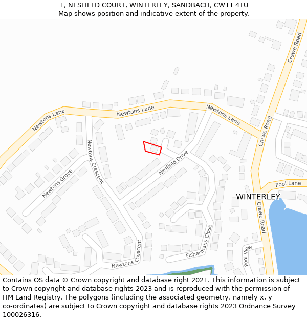 1, NESFIELD COURT, WINTERLEY, SANDBACH, CW11 4TU: Location map and indicative extent of plot