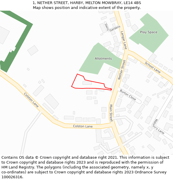 1, NETHER STREET, HARBY, MELTON MOWBRAY, LE14 4BS: Location map and indicative extent of plot