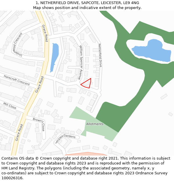 1, NETHERFIELD DRIVE, SAPCOTE, LEICESTER, LE9 4NG: Location map and indicative extent of plot