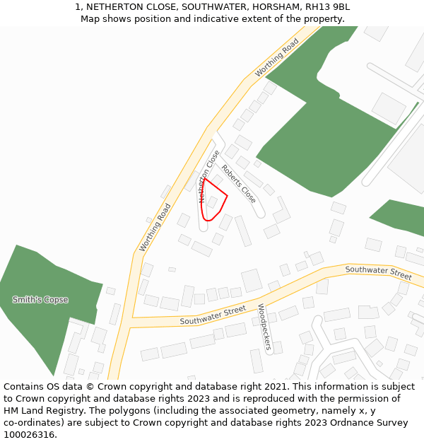 1, NETHERTON CLOSE, SOUTHWATER, HORSHAM, RH13 9BL: Location map and indicative extent of plot