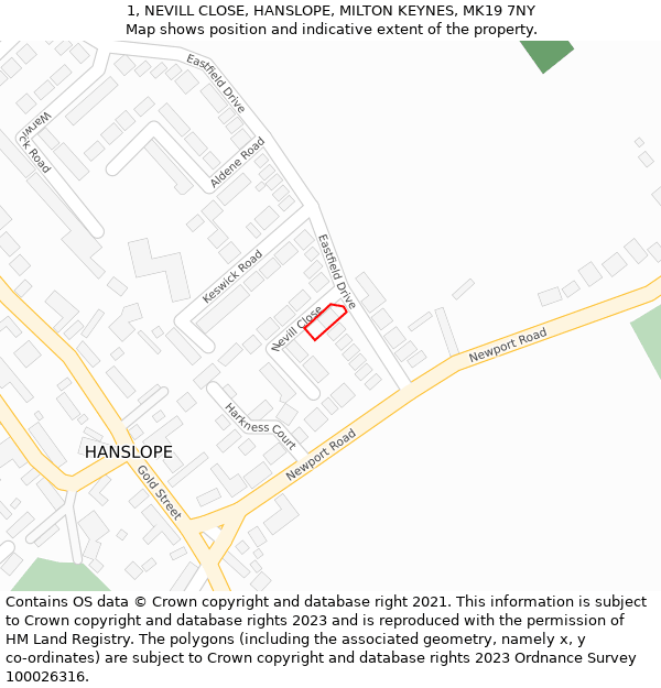 1, NEVILL CLOSE, HANSLOPE, MILTON KEYNES, MK19 7NY: Location map and indicative extent of plot